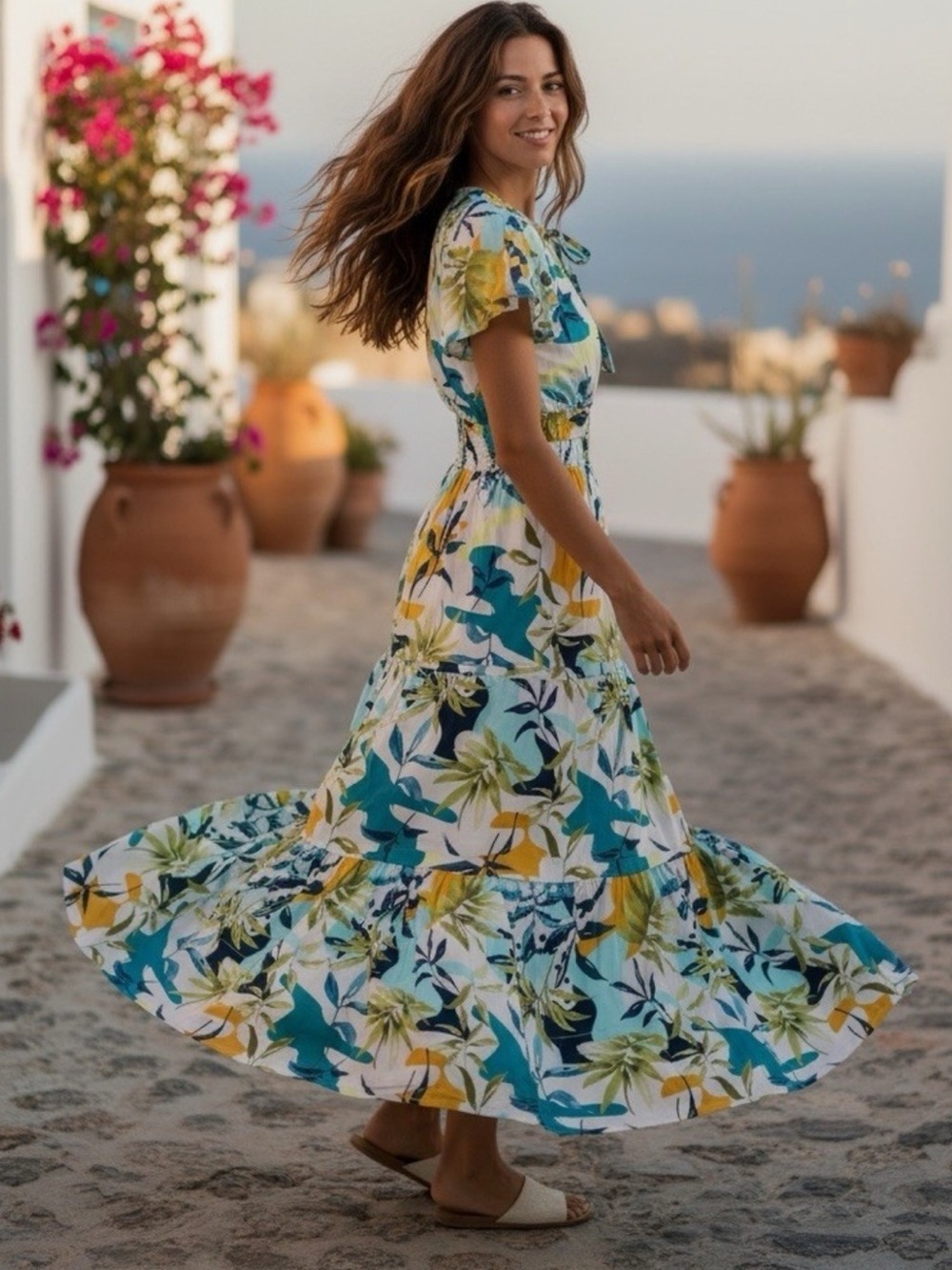 Cynthia Rowley dress 100% cotton,tropical,cottage core,maxi length,two tier EUC